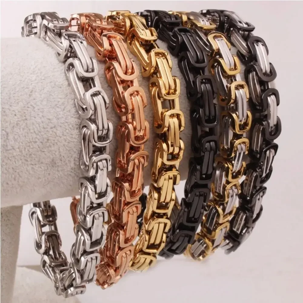 STAINLESS STEEL BYZANTINE MECHANIC SILVER BLACK BIKER BRACELET GOLD BLACK